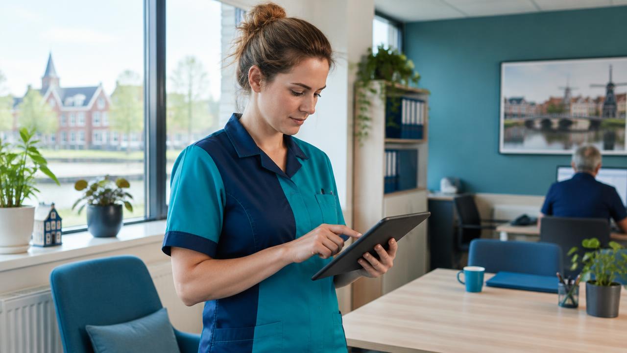 Zorgmedewerker controleert een cliëntdossier op een tablet