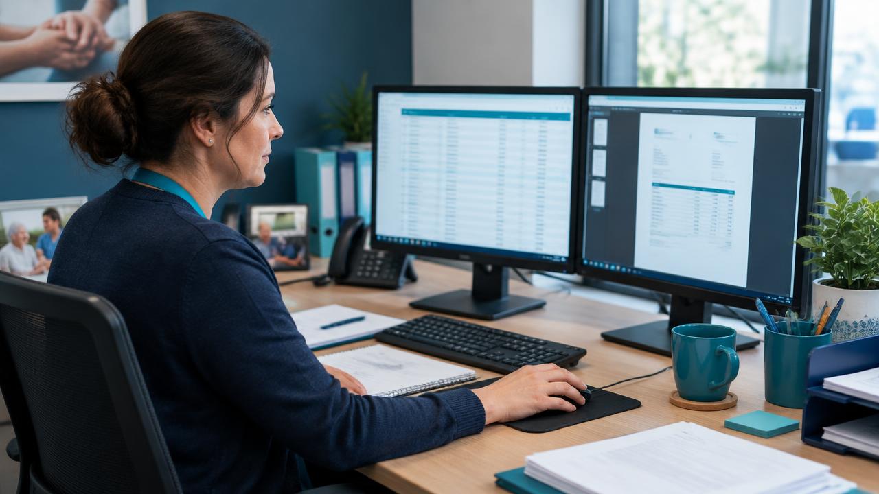 Administrateur verwerkt zorgfacturen op twee schermen
