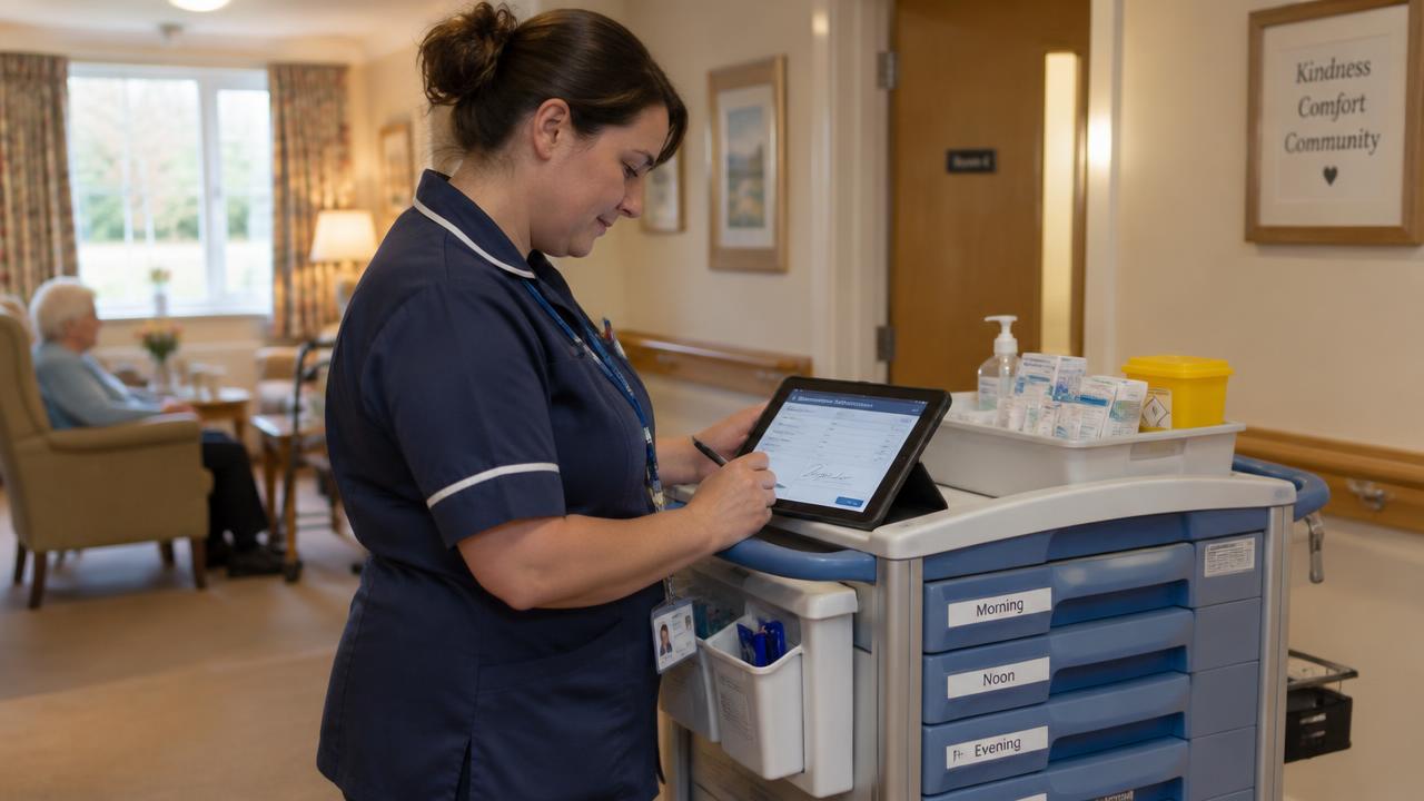 Begeleider tekent medicatie af op een tablet in een woonvorm
